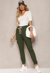 Ciemnozielone Spodnie High Waist o Fasonie Bojówek Istredda. Zielone spodnie materiałowe damskie Renee, bez wzorów, z jeansu. Za 44.99 zł.