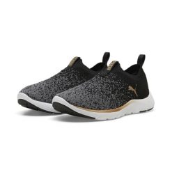 Damskie dzianinowe buty do biegania SOFTRIDE Remi PUMA Black Gold Cool Dark Gray. Czarne obuwie sportowe damskie Puma, z dzianiny, bez zapięcia, do biegania. Za 279.00 zł.