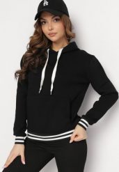 Czarna Bawełniana Bluza z Kapturem i Ściągaczami w Paski Nempis. Czarne bluzy damskie Born2be, na zimę, bez wzorów, z bawełny, z kapturem. Za 99.99 zł.