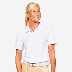 Koszulka polo do golfa z krótkim rękawem damska Inesis MW500. Białe bluzki damskie INESIS, m, bez wzorów, z bawełny, klasyczne, bez kołnierzyka, bez ramiączek. Za 59.99 zł.