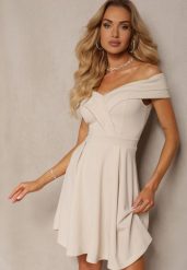 Beżowa Rozkloszowana Sukienka z Dekoltem w Łódkę Cerania. Brązowe sukienki damskie Renee, bez wzorów, eleganckie, bez ramiączek. W wyprzedaży za 99.99 zł.
