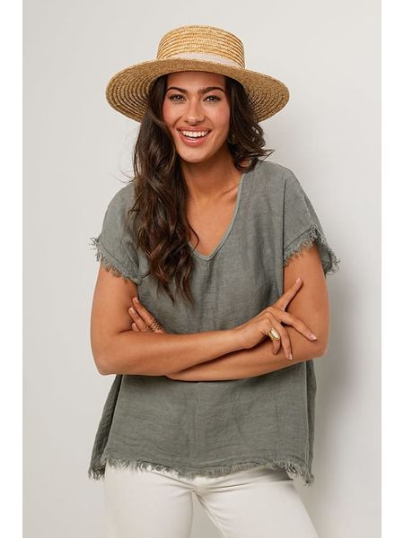 Le Monde du Lin Lniana bluzka w kolorze khaki rozmiar: 40/42. Brązowe bluzki damskie Le Monde du Lin, bez wzorów, ze lnu, klasyczne, bez kołnierzyka, bez ramiączek. Za 154.07 zł.