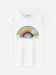WOOOP Koszulka "Rainbow Classics" w kolorze białym rozmiar: L. Białe bluzki damskie Wooop, l, bez wzorów, z bawełny, bez kołnierzyka, bez ramiączek. Za 56.99 zł.