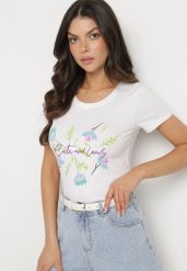 Biało-Niebieski Bawełniany T-shirt Ozdobiony Nadrukiem Zarice. Niebieskie t-shirty damskie Born2be, l, bez wzorów, z bawełny, bez kołnierzyka. Za 29.99 zł.