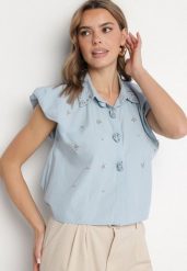 Niebieska Bawełniana Koszula bez Rękawów z Cyrkoniami Aseki. Niebieskie koszule damskie Born2be, m, bez wzorów, z bawełny, eleganckie, bez kołnierzyka, bez ramiączek. Za 99.99 zł.