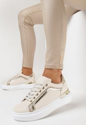 Beżowe Sneakersy na Platformie z Metalicznymi Wstawkami Tilene. Brązowe obuwie sportowe damskie Born2be, bez zapięcia. Za 84.99 zł.
