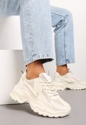 Beżowe Klasyczne Sneakersy Sznurowane na Niskiej Platformie Lenivia. Brązowe obuwie sportowe damskie Renee, z jeansu, bez zapięcia. Za 99.99 zł.