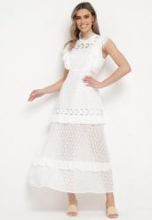 Biała Sukienka Maxi Rozkloszowana z Ażurowym Wzorem Saitha. Białe sukienki damskie Born2be, w ażurowe wzory, z tkaniny, eleganckie, bez ramiączek. Za 229.99 zł.