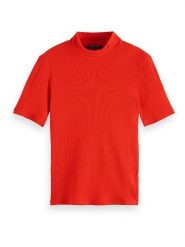 Scotch & Soda Koszulka w kolorze czerwonym rozmiar: L. Czerwone bluzki damskie Scotch & Soda, l, bez wzorów, prążkowane, bez kołnierzyka, bez ramiączek. Za 96.60 zł.