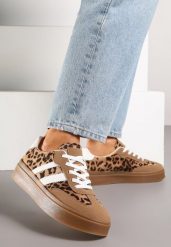 Panterkowe Sneakersy w Stylu Tenisówek z Paskami Nilomira. Białe obuwie sportowe damskie Born2be, z jeansu, bez zapięcia, tenisowe. Za 84.99 zł.