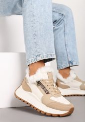 Beżowe Sneakersy na Platformie z Napisem Sznurowaniem i Futerkiem Vazina. Brązowe obuwie sportowe damskie Renee, z jeansu, bez zapięcia. Za 139.99 zł.