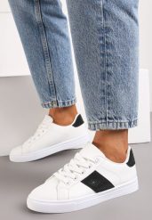 Biało-Czarne Sneakersy ze Wstawkami Pokrytymi Cyrkoniami Almarie. Białe obuwie sportowe damskie Renee, z materiału, bez zapięcia. Za 69.99 zł.