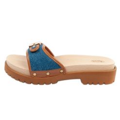 Klapki drewniaki Scholl Pescura Iconic F305492349 niebieskie. Niebieskie klapki damskie bez wzorów, z jeansu, bez obcasa, bez zapięcia. Za 310.47 zł.