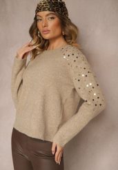 Beżowy Sweter z Bawełną i Cekinami Ceala. Brązowe swetry klasyczne damskie Renee, s, z bawełny, bez kołnierzyka. Za 99.99 zł.