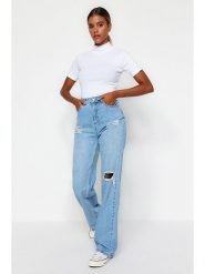 Trendyol Dżinsy - Comfort fit - w kolorze błękitnym rozmiar: 36. Niebieskie jeansy damskie Trendyol, z podwyższonym stanem. Za 92.21 zł.