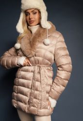 Beżowa Pikowana Kurtka z Wiązanym Paskiem i Kołnierzem z Futerka Avrissa. Brązowe kurtki damskie Renee, l, bez wzorów, bez kaptura. Za 219.99 zł.