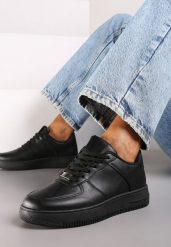 Czarne Casualowe Sneakersy na Płaskiej Podeszwie z Metaliczną Aplikacją Arklina. Czarne obuwie sportowe damskie Renee, z jeansu, bez zapięcia. Za 74.99 zł.