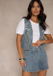 Niebieska Jeansowa Kamizelka z Bawełny Ozdobiona Haftem i Cekinami Natisente. Niebieskie kamizelki damskie Renee, na lato, m, z aplikacjami, z bawełny, bez kaptura. Za 69.99 zł.