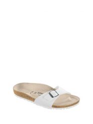 Birkenstock Klapki w kolorze białym rozmiar: 39. Białe klapki damskie Birkenstock, bez wzorów, z otwartym noskiem, bez obcasa, bez zapięcia. Za 295.78 zł.