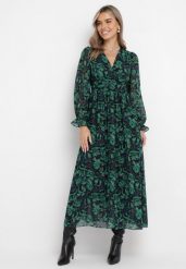 Zielono-Czarna Maxi Sukienka z Kopertowym Dekoltem w Modny Print Ceconna. Zielone sukienki damskie Born2be, bez wzorów, bez ramiączek. W wyprzedaży za 144.49 zł.