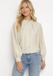 Beżowa Koszula z Plisowanymi Rękawami Yelia. Brązowe koszule damskie Born2be, bez wzorów, eleganckie, bez kołnierzyka, bez ramiączek. Za 84.99 zł.