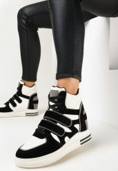 Czarno-Białe Sznurowane Sneakersy na Ukrytym Koturnie Zapinane na Rzepy ze Wstawkami z Ekozamszu Ramhel. Czarne obuwie sportowe damskie Born2be, bez zapięcia. Za 129.99 zł.