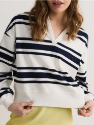 Bluza w paski z kołnierzykiem - granatowy. Niebieskie bluzy damskie Reserved, l, bez wzorów, z bawełny, bez kaptura. W wyprzedaży za 59.99 zł.