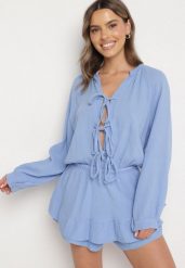 Niebieski Wiązany Bawełniany Kombinezon Boho z Falbankami i Wiązaniem Lalelia. Niebieskie sukienki damskie Born2be, bez wzorów, z bawełny, boho, bez ramiączek. W wyprzedaży za 135.99 zł.