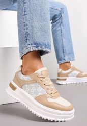 Ciemnobeżowe Sznurowane Sneakersy z Brokatem na Grubej Podeszwie z Wycięciami Amena. Brązowe obuwie sportowe damskie Renee, bez zapięcia. Za 74.99 zł.