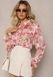 Różowo-Beżowa Koszula z Wiązaniem i Guzikami Ozdobiona Kwiatowym Motywem Fioralba. Czerwone koszule damskie Renee, l, bez wzorów, eleganckie, bez kołnierzyka, bez ramiączek. Za 89.99 zł.