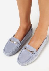 Jasnoniebieskie Mokasyny z Imitacji Zamszu z Metalową Ozdobą Gelalline. Niebieskie mokasyny damskie Born2be, z jeansu, bez obcasa. Za 69.99 zł.