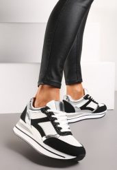 Biało-Czarne Sneakersy na Grubej Podeszwie w Paski Zdobione Brokatem Selarissa. Białe obuwie sportowe damskie Renee, bez zapięcia. Za 99.99 zł.