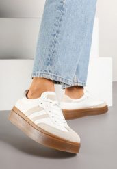 Biało-Beżowe Klasyczne Sneakersy Tenisówki na Niskiej Platformie Denirla. Białe obuwie sportowe damskie Renee, z jeansu, bez zapięcia, tenisowe. Za 99.99 zł.