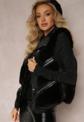 Czarna Kamizelka z Futerka Ozdobiona Wstawkami z Imitacji Skóry Cresstte. Czarne kamizelki damskie Renee, l, bez wzorów, ze skóry, bez kaptura. Za 129.99 zł.