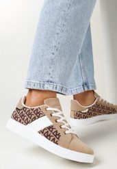 Beżowe Sneakersy z Nadrukiem Mindi. Brązowe obuwie sportowe casual damskie Born2be, bez zapięcia. Za 39.99 zł.