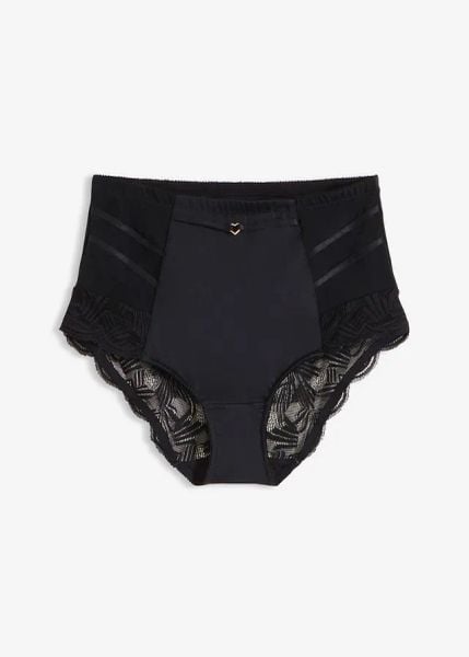 Figi shape z koronką o średnim stopniu modelowania. Czarne figi bonprix, bez wzorów, z koronki. Za 79.99 zł.