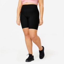 Spodenki fitness damskie Domyos krótkie. Czarne spodenki sportowe damskie DOMYOS, l, bez wzorów, z materiału, z podwyższonym stanem, na fitness i siłownię. Za 39.99 zł.