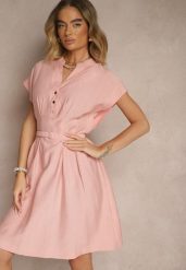 Różowa Rozkloszowana Sukienka z Wiskozy z Paskiem Zapinana na Napy Seporine. Czerwone sukienki damskie Renee, bez wzorów, z jeansu, eleganckie, bez ramiączek. W wyprzedaży za 91.99 zł.
