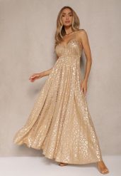 Beżowa Wiskozowa Sukienka Halter Zdobiona Metalicznym Nadrukiem w Panterkę Linaruna. Brązowe sukienki damskie Renee, z aplikacjami, z materiału, eleganckie, bez ramiączek. W wyprzedaży za 99.99 zł.
