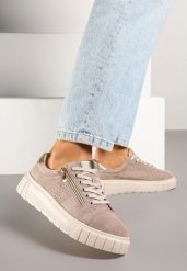 Beżowe Skórzane Sneakersy na Grubej Podeszwie Ozdobione Perforacją Suwakiem Tellissa. Brązowe obuwie sportowe damskie Born2be, z materiału, bez zapięcia. Za 159.99 zł.