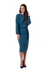 Dzianinowa Sukienka Midi z Paskiem - Morska. Zielone sukienki damskie MOE, bez wzorów, z bawełny, bez ramiączek. Za 384.90 zł.