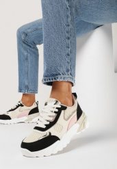 Beżowo-Czarne Sneakersy z Modnymi Naszywkami z Brokatowym i Metalicznym Akcentem Gleriona. Brązowe obuwie sportowe damskie Born2be, bez zapięcia. Za 99.99 zł.