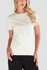 GUESS Biały damski t-shirt na krótki rękaw z cyrkoniami Romy, Rozmiar S. Białe t-shirty damskie Guess, s, z aplikacjami, bez kołnierzyka. Za 239.99 zł.