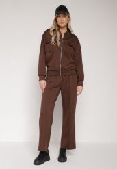 Brązowy Bawełniany Komplet Dresowy Bluza na Suwak i Spodnie Tevrisa. Brązowe bluzy damskie Born2be, l, bez wzorów, z bawełny, bez kaptura. Za 189.99 zł.