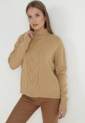 Beżowy Golf Prisca. Brązowe golfy damskie Born2be, s, z aplikacjami, z jeansu, bez ramiączek. Za 99.99 zł.