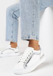 Białe Sneakersy na Platformie z Metalicznymi Wstawkami Tilene. Białe obuwie sportowe damskie Born2be, bez zapięcia. Za 84.99 zł.