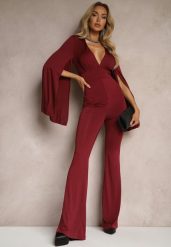 Bordowy Dopasowany Kombinezon z Rozkloszowanymi Rękawami i Głębokim Dekoltem Andrika. Czerwone sukienki damskie Renee, bez wzorów, eleganckie, bez ramiączek. W wyprzedaży za 107.99 zł.