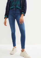 Dżinsy slim, high waist, modelujące. Niebieskie jeansy damskie bonprix, z podwyższonym stanem. Za 99.99 zł.