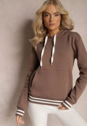 Brązowa Bluza Kangurka z Bawełny ze Ściągaczami w Paski i Kapturem Gaiana. Brązowe bluzy damskie Renee, bez wzorów, z bawełny, z kapturem. Za 99.99 zł.