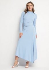 Niebieska Koktajlowa Sukienka o Asymetrycznym Kroju Ozdobiona Guzikami Nolriti. Niebieskie sukienki damskie Born2be, bez wzorów, eleganckie, bez ramiączek. W wyprzedaży za 144.49 zł.